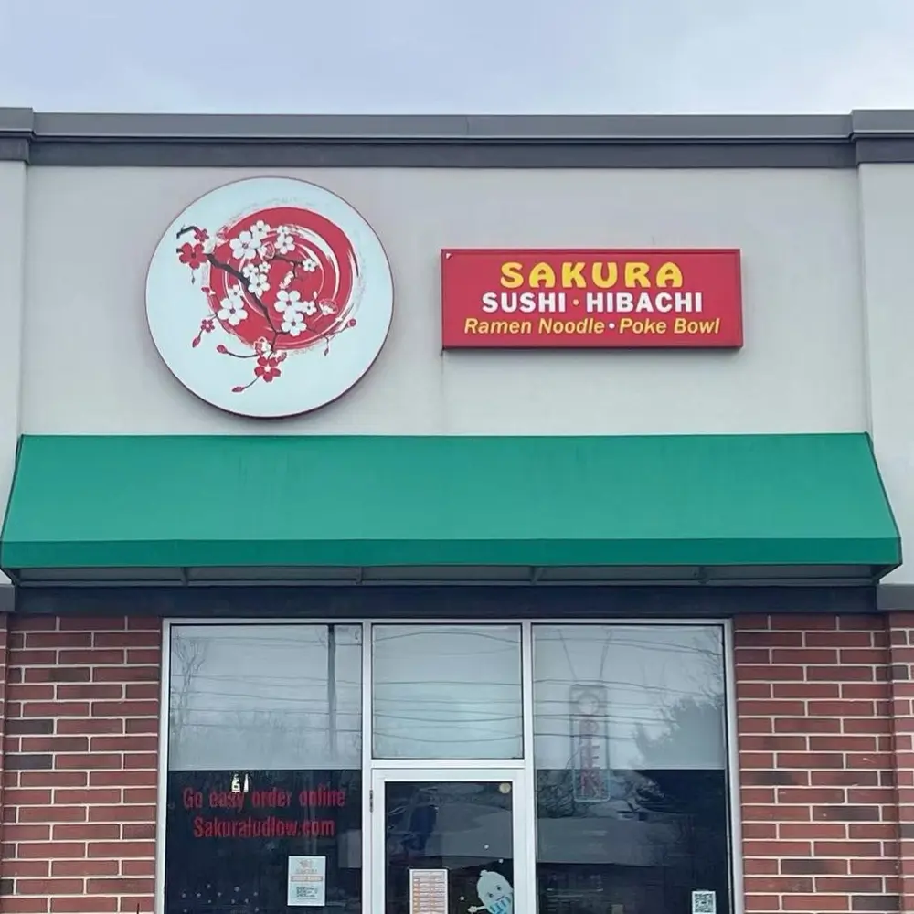 Storefront sign for SAKURA sushi & hibachi at SAKURA, a Asian-Restaurant in Ludlow