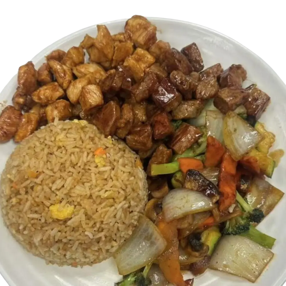 Grilled meats with fried rice and veggies at SAKURA, a Asian-Restaurant in Ludlow